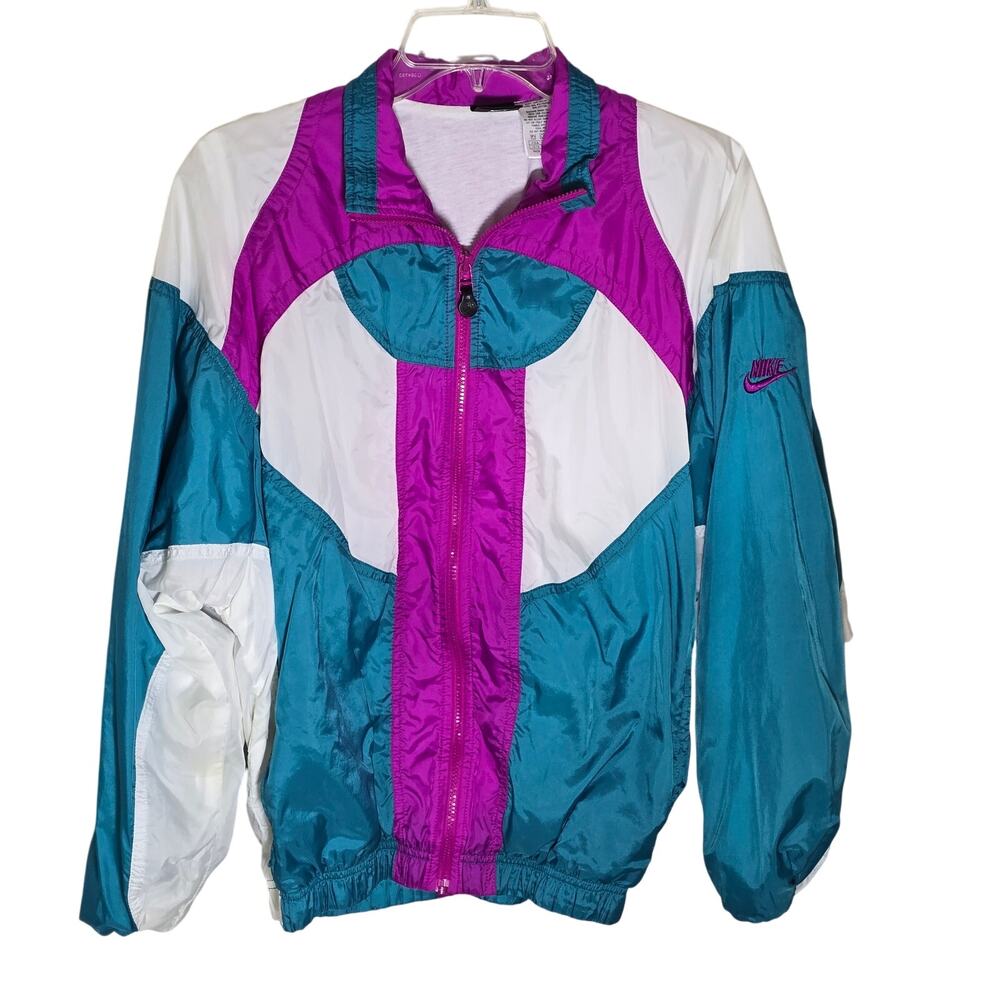 Retro Nike Track Windbreaker White/Purple/Green Vintage Blk/Wht Tag Size Med 90s